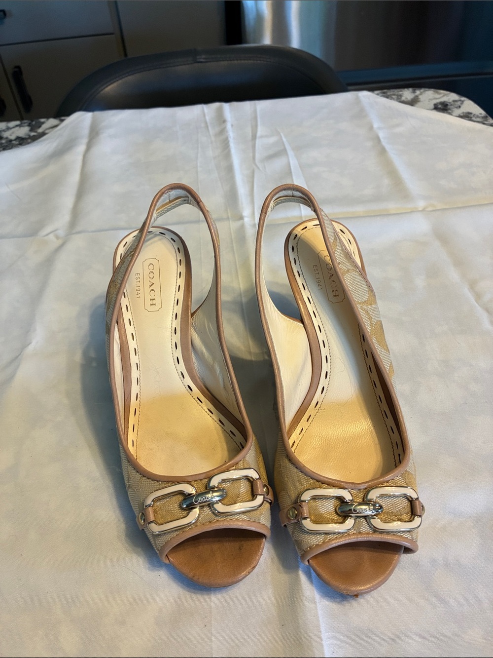 Coach Beige Canvas Signature Slingback Peep-Toe Heels with Gold-Tone Accent